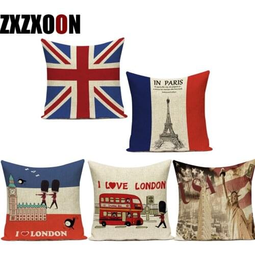 Nordic Style London Paris Towel Big Ben Lovely Cartoon Soldier Bus Cotton Linen Decorative Pillows Cushion Cover for Sofa Home