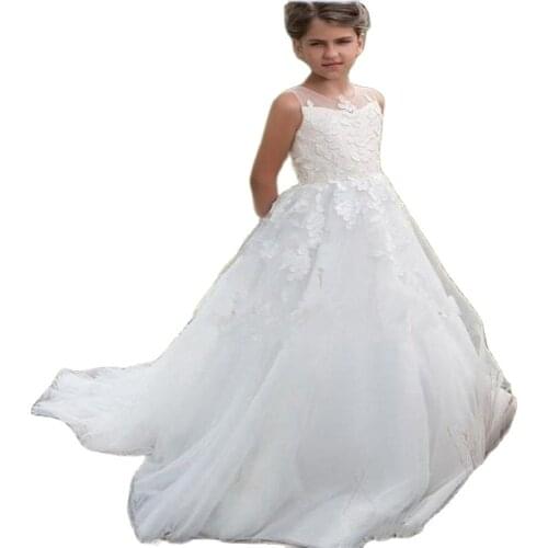 Elegant Child Wedding Dresses Jewel Neck Lace Appliqued Tulle Pageant Gowns Princess Sleeveless Kids Party Gown