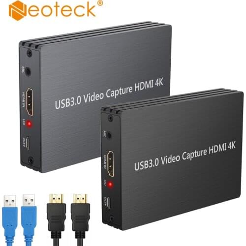 Neoteck Black Grey 4k HDMI Game Capture Card Capture Dongle 1080P HDMI to USB 3.0 With HDMI Loop-out With Microphone Input