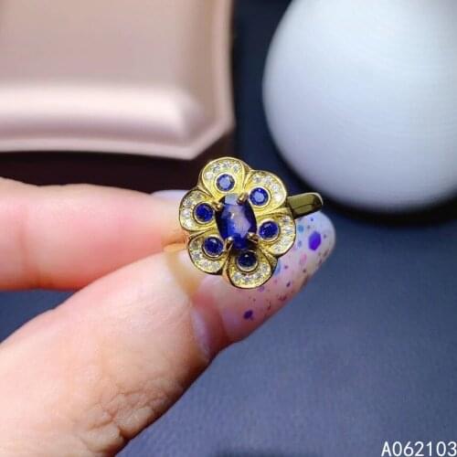 KJJEAXCMY fine jewelry 925 sterling silver inlaid natural sapphire Women trendy exquisite elegant flower adjustable gem ring sup
