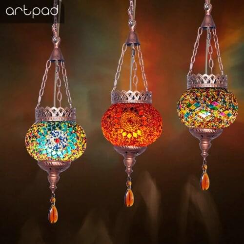 Artpad Creative Mediterranean Style LED Mosaic Pendant Lamp Retro Antique Bar Lamp Bohemia Hanging Lights for Hotel Dining Room