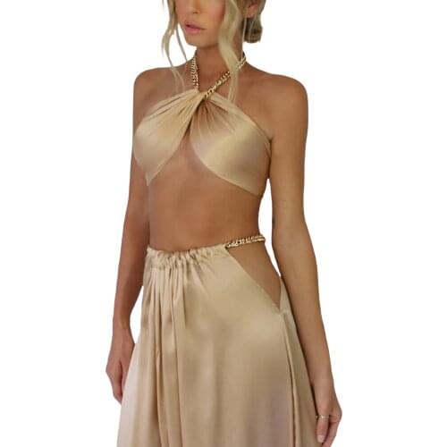 2021 Summer Female Camisole Solid Color Halter Neck Vest Sleeveless Crop Tops with Metal Strap Black/Coral Pink/Champagne