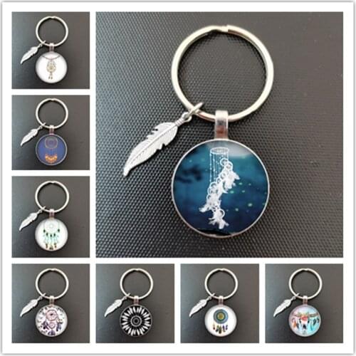 Fashion Dream Catcher Tone Key Chain Dream Catcher Feather Round Glass Convex Photo Keychain Gift