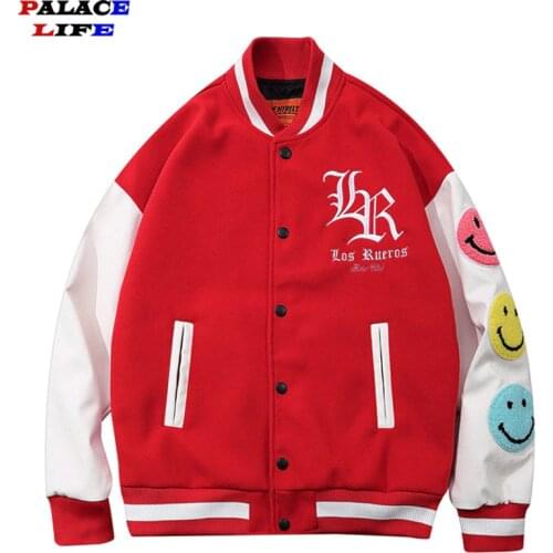 Thicken Baseball Jacket Men Smiley Embroidery Leather Patchwork Bomber Coat Letters Patch 2021 College style Men Streetwear