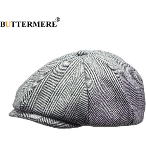 BUTTERMERE Newsboy Cap Hat Men Women Wool Octagonal Hat Light Gray Herringbone British Style Male Female Beret Brand Flat Cap
