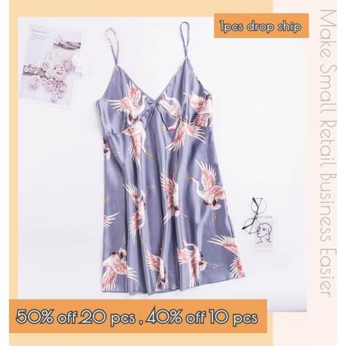 Plus Size Wholesale Sexy Sleepwear Night Dress Women Crane Print Silk Lingerie Robe de Nuit CT Market