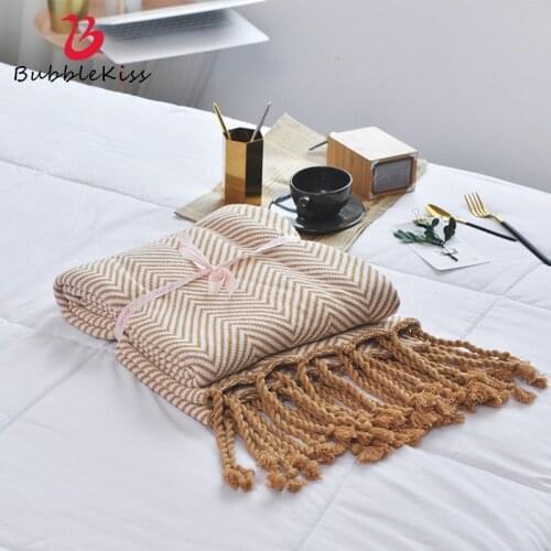 Bubble Kiss Nordic Throw Blanket Simple Stripe Design Home Blankets For Bed Hand-Knitted Tassel Sofa Blanket Pure Cotton Blanket