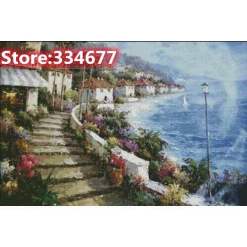 Mediterranean Seaside Scenery Sewing Top Quality Embroidery Needlework 14CT Unprinted Art Cross Stitch Kits DIY Handmade Decor