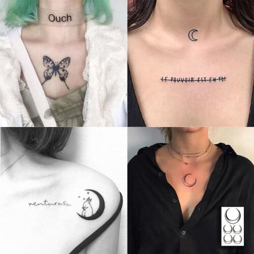 Dark Chest Moon Tattoo Stickers Personality Butterfly Bear Body Art Waterproof Temporary Tattoo Woman English Letter Fake Tattoo