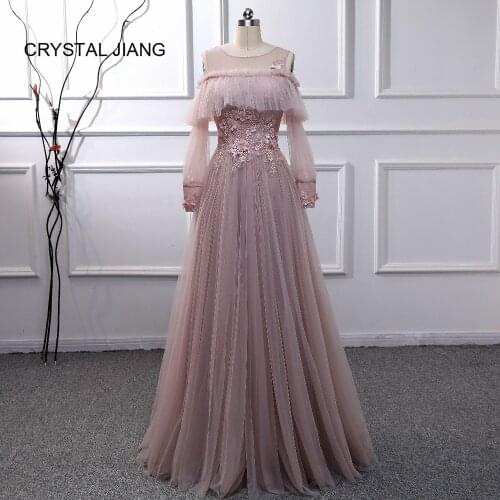 CRYSTAL JIANG 2019 New Arrival Boat Neck A Line Prom Gown Custom Long Sleeves Dusty Pink Long Evening Dresses Real Photo