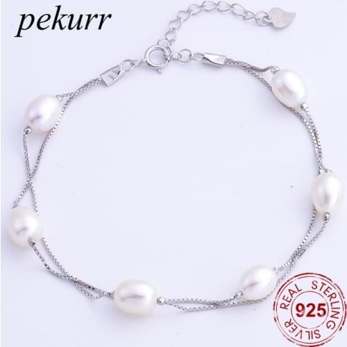 Pekurr 925 Sterling Silver 7.3mm Oval Natural Freshwater Pearl Bracelet For Women 6 Beads Jewelry Double Box Chain Bangle