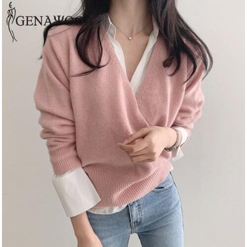 Genayooa Office Ladies Pink Pullover Sweater Women Long Sleeve V Neck Sweaters For Women Fashion Jumper Ladies French Style