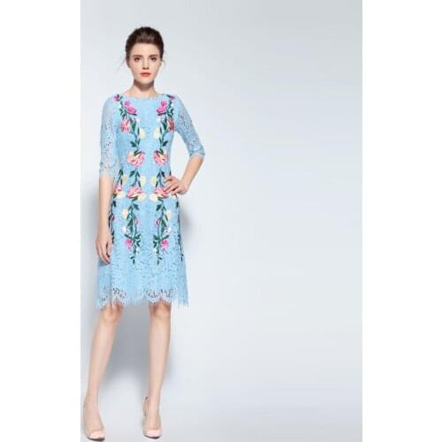 High Quality 2020 Spring New Arrival Fashion A-Line O-Neck Half Sleeve Embroidery Lace Elegant Above Knee Dress Women