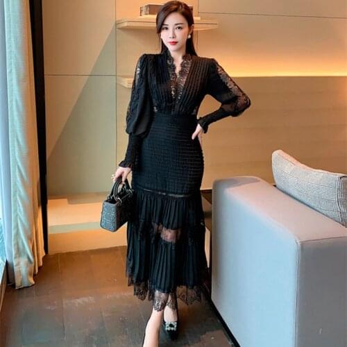 Autumn New Sexy V Neck Lantern Sleeve Slim Bodycon Mermaid Dress for Women Lace Chiffon Patchwork Long Pleated Dress