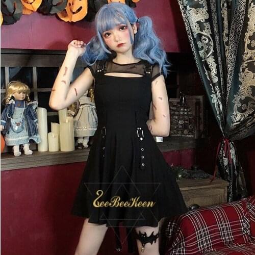 Adult Sexy Vintage Punk Dress Halloween costumes for women Gothic Lolita Black Mesh stitching Dress Cool Girls Cosplay Costume