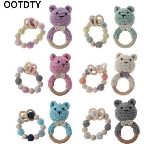 2Pcs/set Baby Wooden Teether Bracelet Set Crochet Animal Teething Rattle Ring Chewing Toy