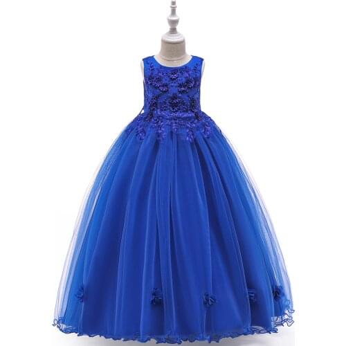 2019 New Childrens Long Dress Flowers Beaded Gray Princess Dress Girls Catwalk Show Wedding Dress Fluffy Dress