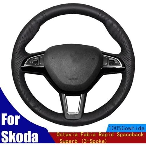 Car Steering Wheel Cover For Skoda Octavia Fabia Rapid Spaceback Superb (3-Spoke) Genuine Leather Braid