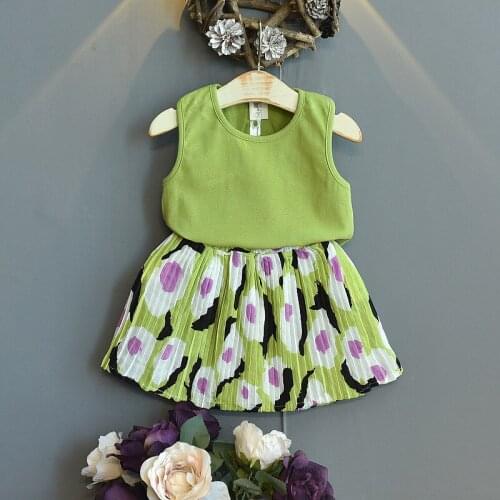 Childrens Suit 2021 Summer Little Girls Vest Sleeveless T-Shirt & Flower Skirt Suit Two Piece Small Fresh Suit