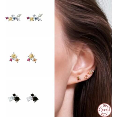 GS 925 Sterling Silver Colorful Three Zircon Flower Stud Earrings For Women Ear Crawlers Earring Climber Wholesale 30 Pairs