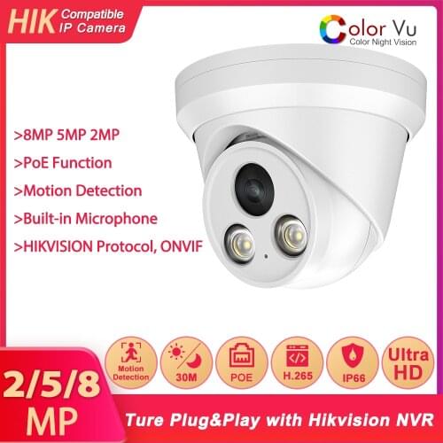 Hikvision Compatible ColorVu 8MP Dome POE IP Camera Turret Home Security CCTV Camera Ultra 5MP HD H.265 Plug&play Security IPC