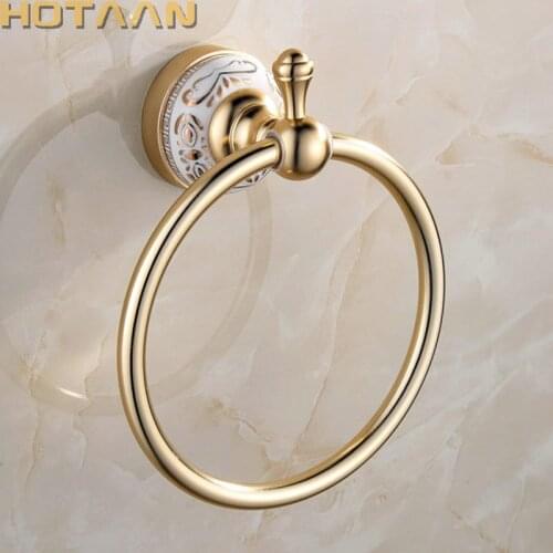 Ceramic Base Solid Aluminium Golden Finished Round Towel Ring, Wall Mounted Bathroom Accessories Towel Holder Rack YT-13091