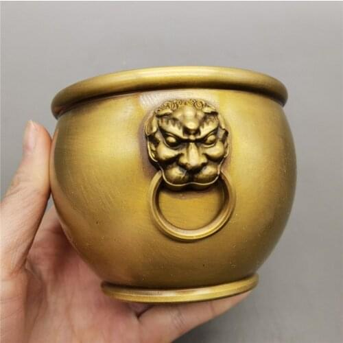 Double Lion Brass Treasure Bowl Home Indoor Office Furnishings Lion Head Copper Cylinder Incense Oven Double Lion Ear Cylinder
