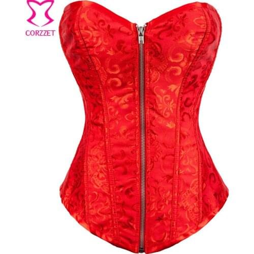 Hot Red Jacquard Front Zipper Corset Overbust Gothic Clothing Women Corsage Corpetes E Espartilhos Sexy Burlesque Costumes Korse