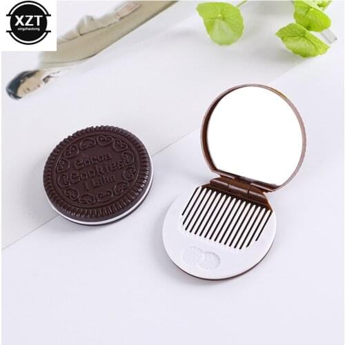 Mini Cute Chocolate Cookie Shaped Fashion Design Women Makeup Mirror Tool with 1 Comb Set