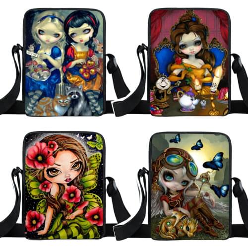 Cartoon Gothic Girl Mini Messenger Bag Women Handbags Ladies Shoulder Bag for Travel Canvas Crossbody Bags Small Satchel Bookbag