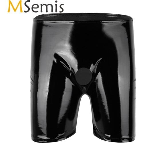 Men Wetlook Patent Leather Pants Sexy Latex Boxer Short Male Gay Open Penis Hole Long Leg Tight Shorts Sissy Mini Shiny Leggings