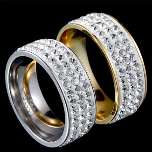Uelf 3 Rows Crystal Stainless Steel Ring Women for Elegant Full Finger Love Wedding Engagement Rings Jewelry Men