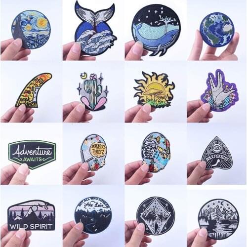 Mountains Travel Iron On Patches For Clothing Adventure Patch Natural Stripes DIY Van Gogh Patch Embroidered Patches On Clothes