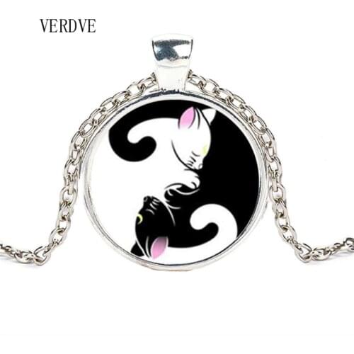 VERDVE fashion new crystal glass necklace black and white double cat pendant jewelry