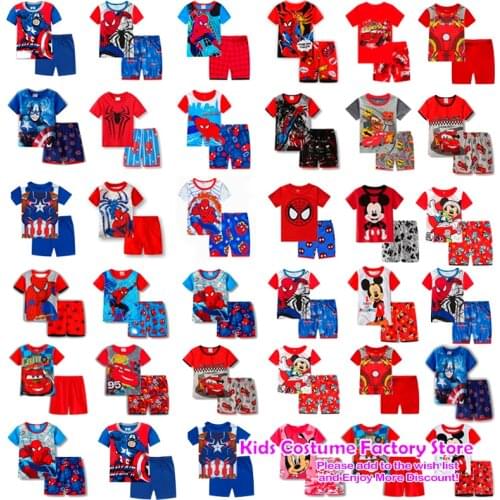 New kids' Mickey Minnie boys' and girls' clothes baby pajamas Summer Cotton Short Sleeve T-Shirt pajamas suit 1-7Y