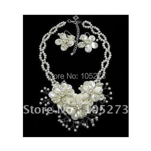Natural Mother of Pearl Shell Freshwater Pearl Flower Necklace/Earring Set 16''Bridal Free Shipping FN630