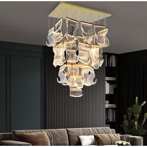 Postmodern creative LED chandelier lighting spiral staircase staircase light guide plate square chandelier living room adjustabl