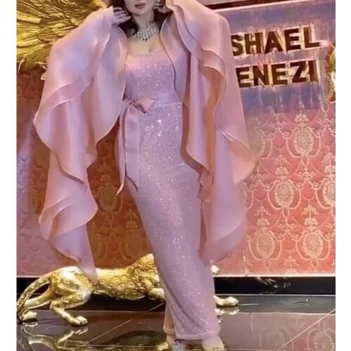 Pink prom dresses 2021 sequins sheath long sleeve organza sparkly long evening dresses gowns