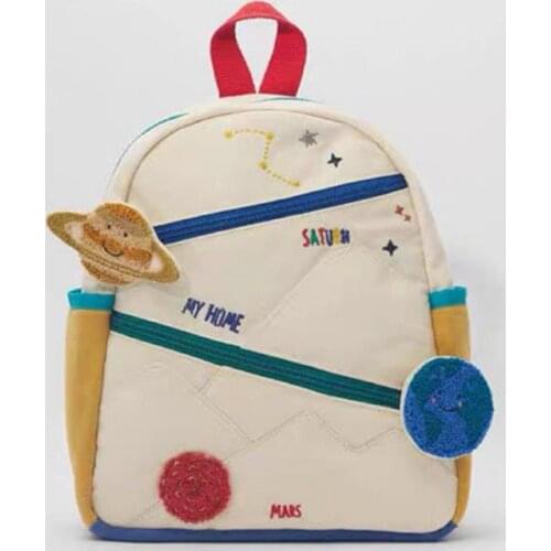 New Childrens Stitching Cotton Canvas Earth Star Ball Embroidery Backpack Cute Girl Color Matching Casual Small School Bag