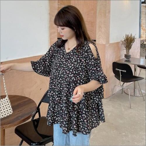 Print Floral Shirt Summer Tops Hollow Out Short Sleeve 3XL To 9XL Plus Size Blouses Ruffles Casual Blusas Mujer De Moda T1992