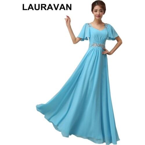 Light sky blue chiffon bridesmaid dresses special occasions v neck cap sleeved long bride maid high fashion dress 2020 gown