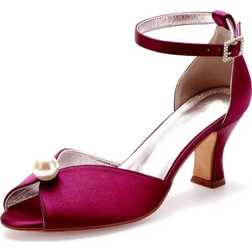 Open toe vintage bridal wedding thick heels lady high heel ankle strap with pearl brooch D'orsay pumps elegant shoes more colors