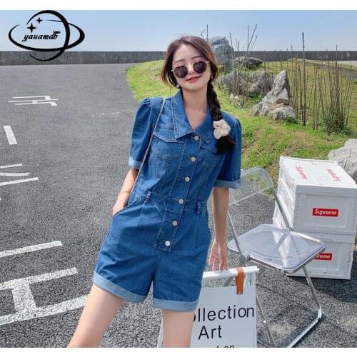 S-xl Womens Jumpsuits Summer Female Romper Overalls Playsuits Short Sleeve Straight Cowboy Thin Ladies Bodysuits Clothes Hy110