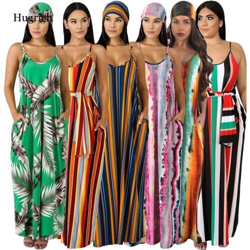 Striped Print Spaghetti Strap Sashes Maxi Dress with Pockets Summer Women European and American Hot Style Model Outfits