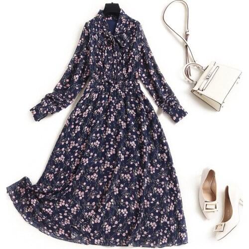 Women floral print chiffon dress new 2021 spring summer bow collar long sleeve high waist a-line elegant dresses navy blue black