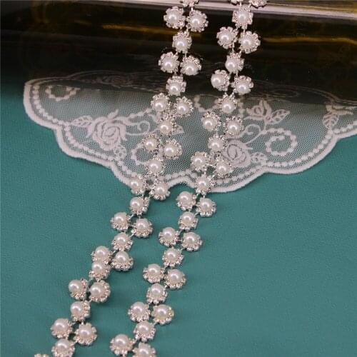 1 Yard Pearls Rhinestone Fringe Trim Crystal Close Chain Applique for Sewing Crafts Ideal Wedding Party Clothing DIY Decoration