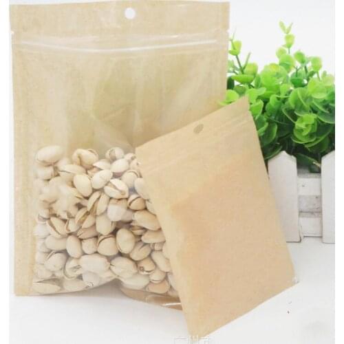 100pcs Kraft paper translucent bone Flat bottom ziplock bag Food packaging bags Tea sealed small large pouch package with handle