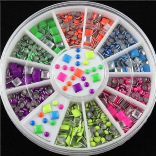 6Colors Mix neon colors round Square shape nail studs 3D Design Manicure Metal Nail Studs Nail Decoration Wheel -2mm/3mm