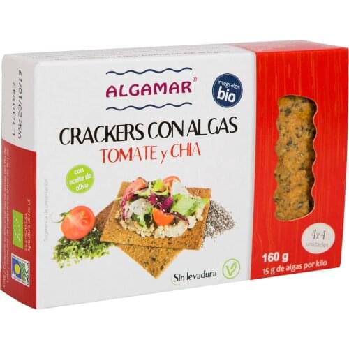 Whole-grain Crackers with algae, without yeast, with spelt olive oil, rice, tomato and Chia 160 g BIO