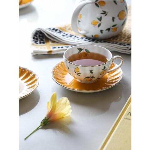 Lemon Bone China household tea flower tea set, 4-person suit, office creative coffee cup and saucer